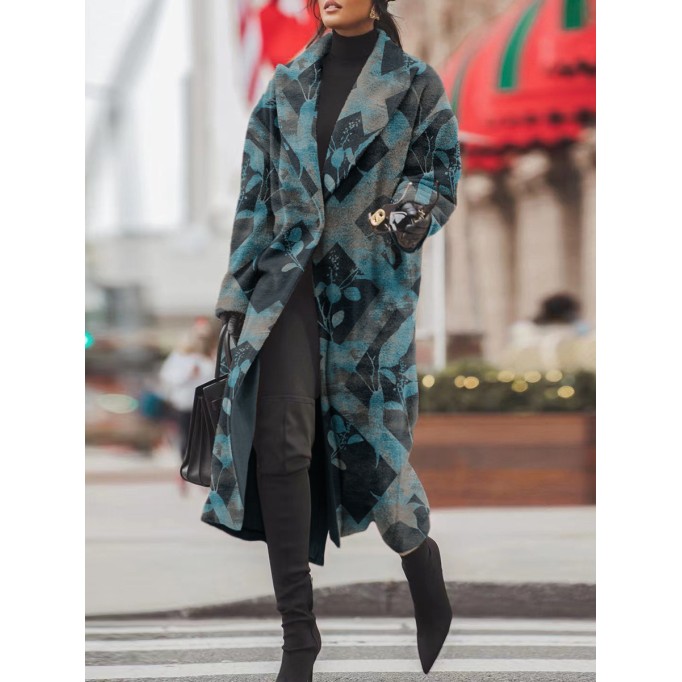 Geometric Contrast Plant Pattern Warm Long Sleeve Long Wool Coat