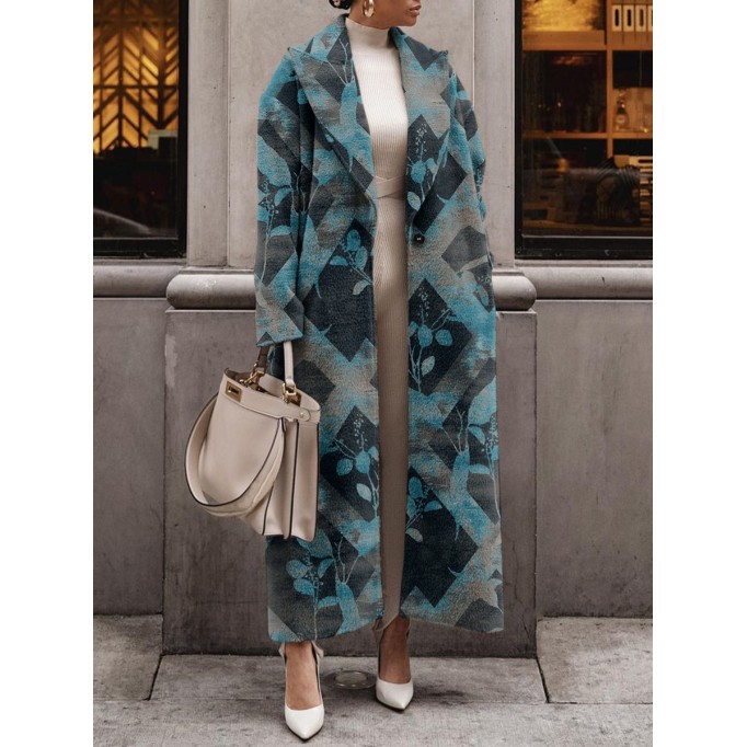 Geometric Contrast Plant Pattern Warm Long Sleeve Long Wool Coat