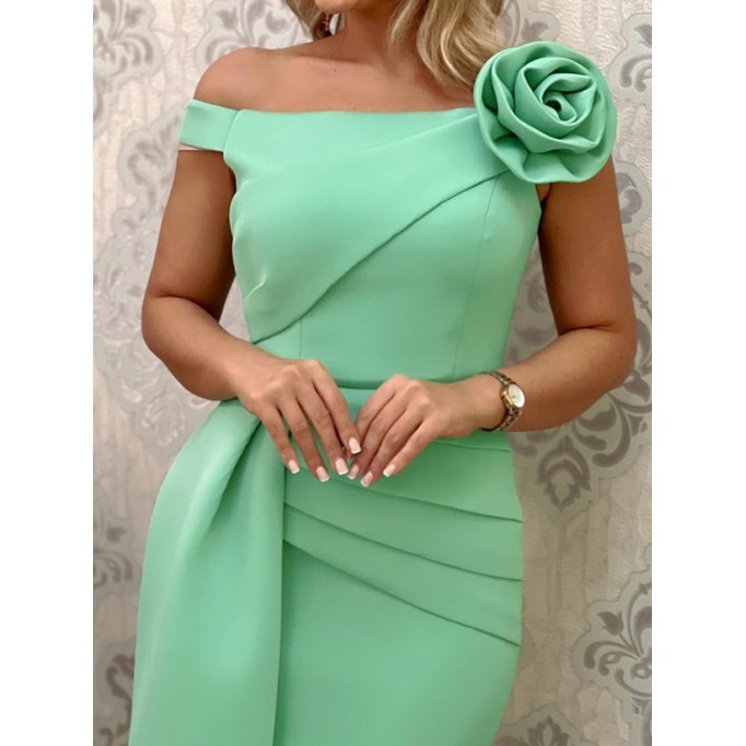 Green one-line shoulder ruffle slim-fit dress dress