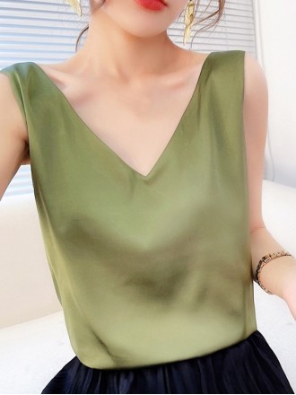 Green satin V-neck tank top