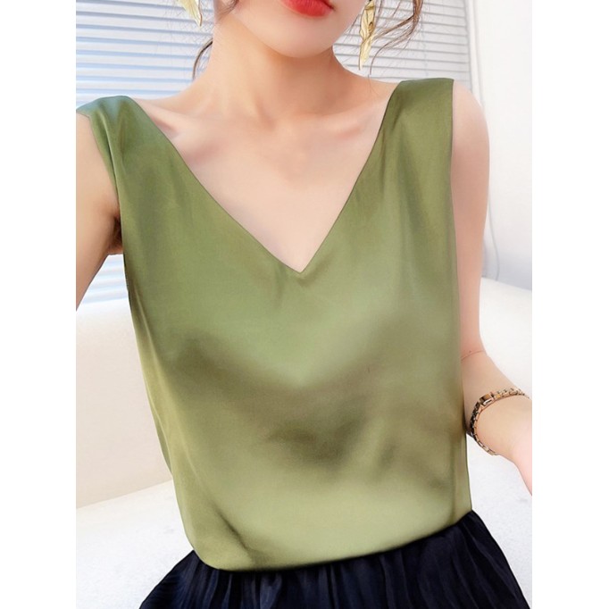 Green satin V-neck tank top