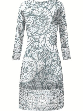 Grey crew neck pullover positioning print elegant slim-fit dress