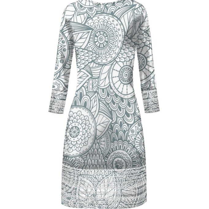 Grey crew neck pullover positioning print elegant slim-fit dress