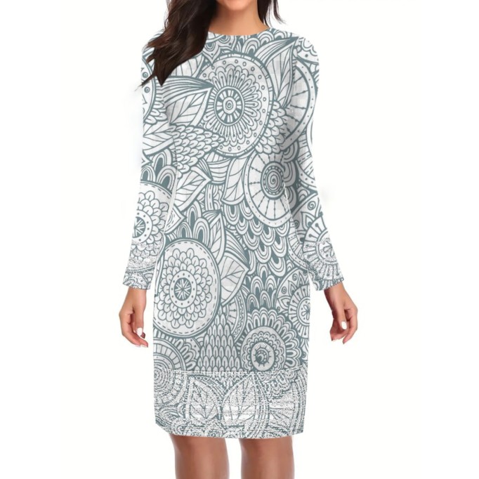 Grey crew neck pullover positioning print elegant slim-fit dress