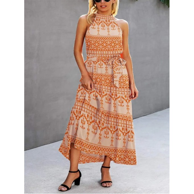 Halter Neck Floral Backless Loose Ruffle Maxi Dress