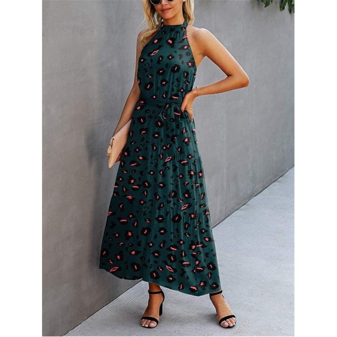 Halter Neck Floral Backless Loose Ruffle Maxi Dress