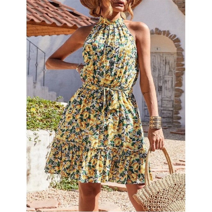 Halter Neck Summer Loose Sleeveless Ruffle Belt Boho Floral Dress