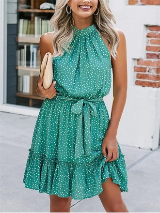 Halter Neck Summer Loose Sleeveless Ruffle Belt Boho Floral Dress