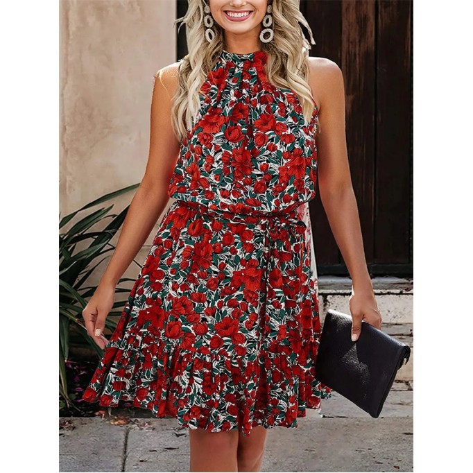 Halter Neck Summer Loose Sleeveless Ruffle Belt Boho Floral Dress