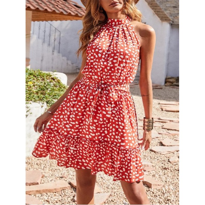 Halter Neck Summer Loose Sleeveless Ruffle Belt Boho Floral Dress