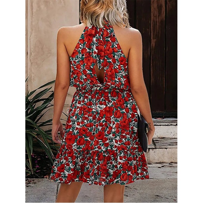 Halter Neck Summer Loose Sleeveless Ruffle Belt Boho Floral Dress