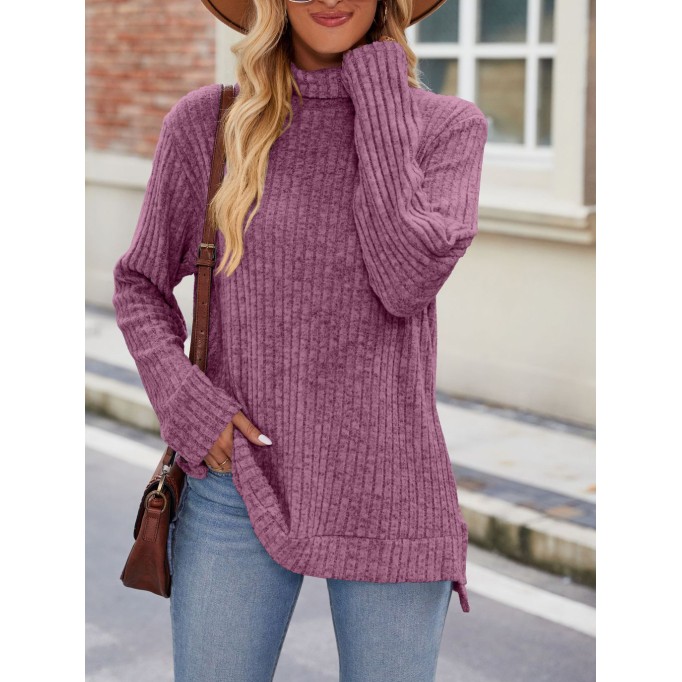 High neck loose fitting long sleeved split T-shirt top