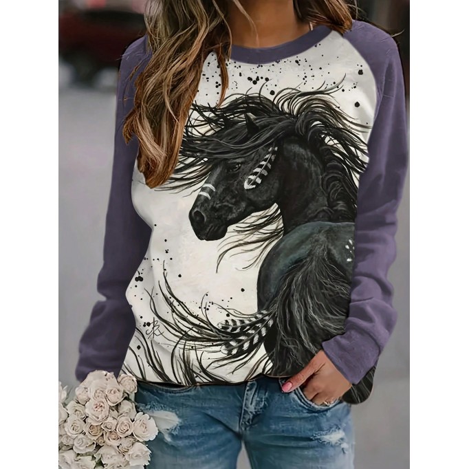 Horse Print Raglan Sleeve Sweatshirt