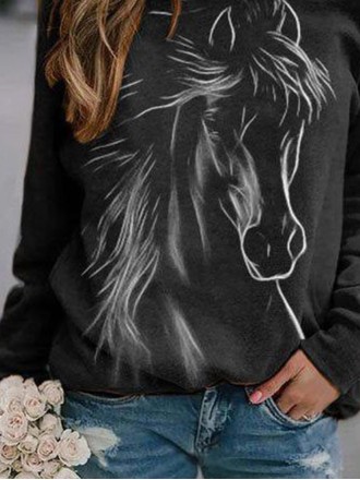 Horse Printed Raglan Sleeve Crew Neck Casual Sweatshirt