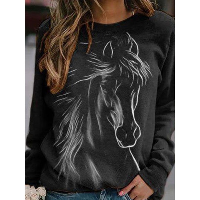 Horse Printed Raglan Sleeve Crew Neck Casual Sweatshirt