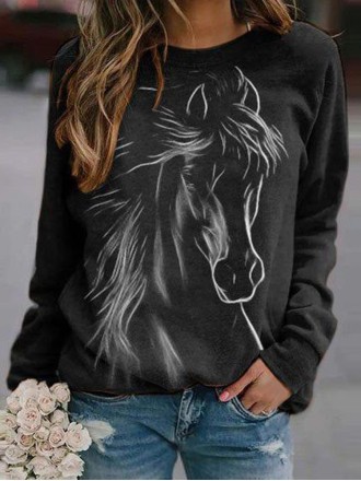 Horse Printed Raglan Sleeve Crew Neck Casual Sweatshirt