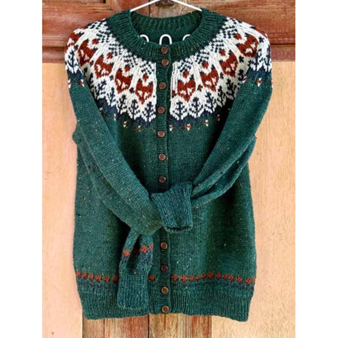 Icelandic Fox Ethnic Print Long Sleeve Knitted Cardigan