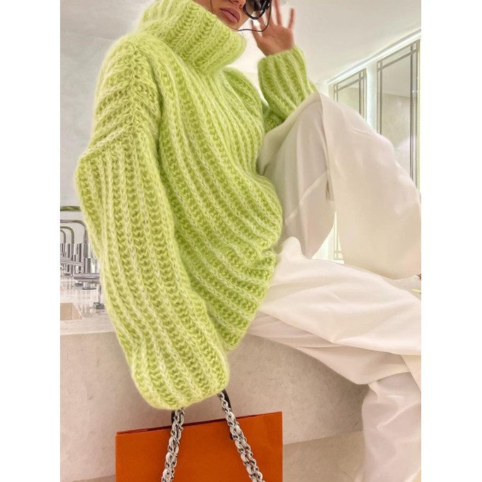 Knitted pullover fluffy long sleeved high neck sweater