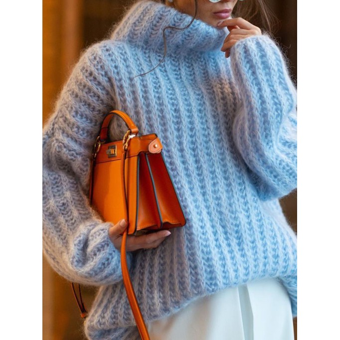 Knitted pullover fluffy long sleeved high neck sweater