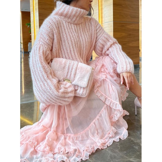 Knitted pullover fluffy long sleeved high neck sweater