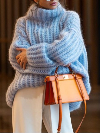 Knitted pullover fluffy long sleeved high neck sweater