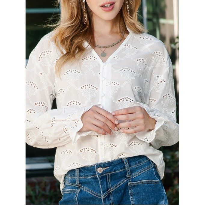 LACE BUTTON V NECK SHEATH CASUAL BLOUSE