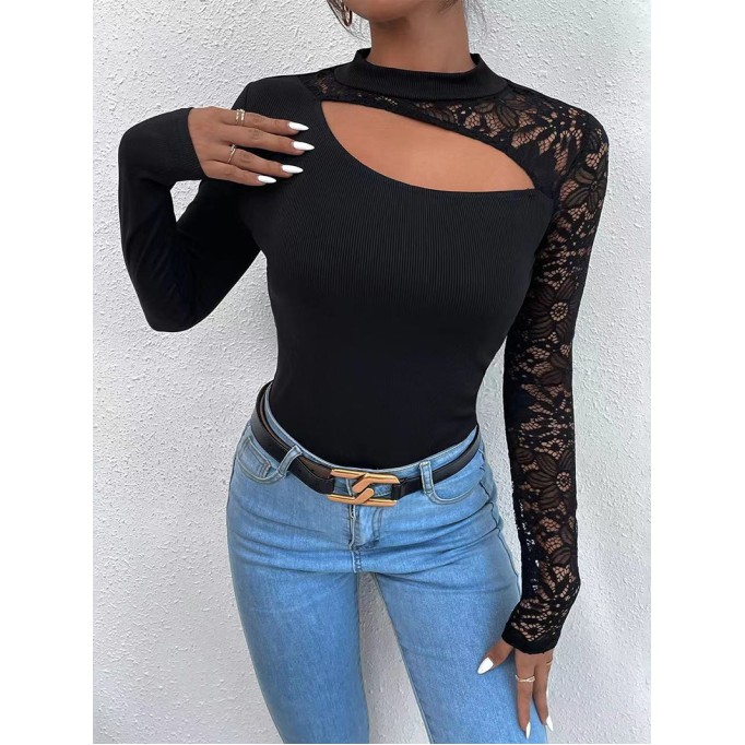 Lace Irregular Long Sleeve T-shirt