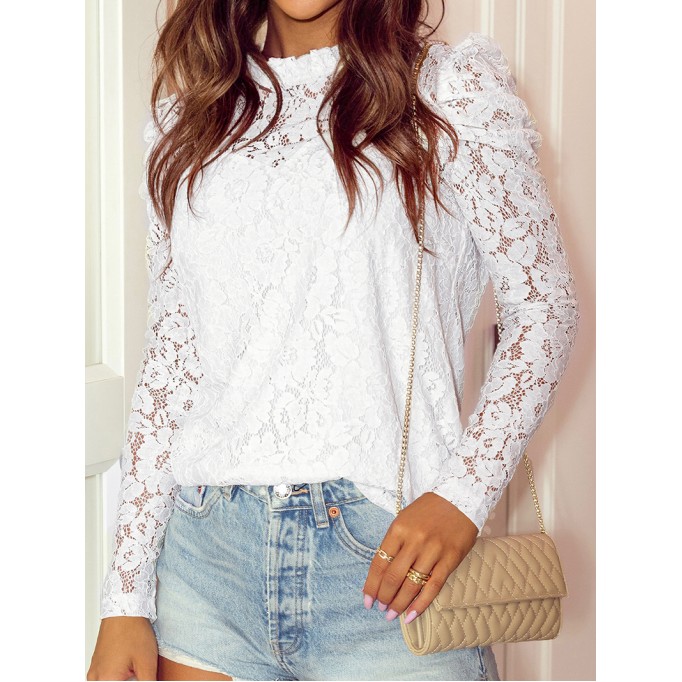 LACE RUFFLE DECORATION STAND NECK SHEATH ELEGANT BLOUSE