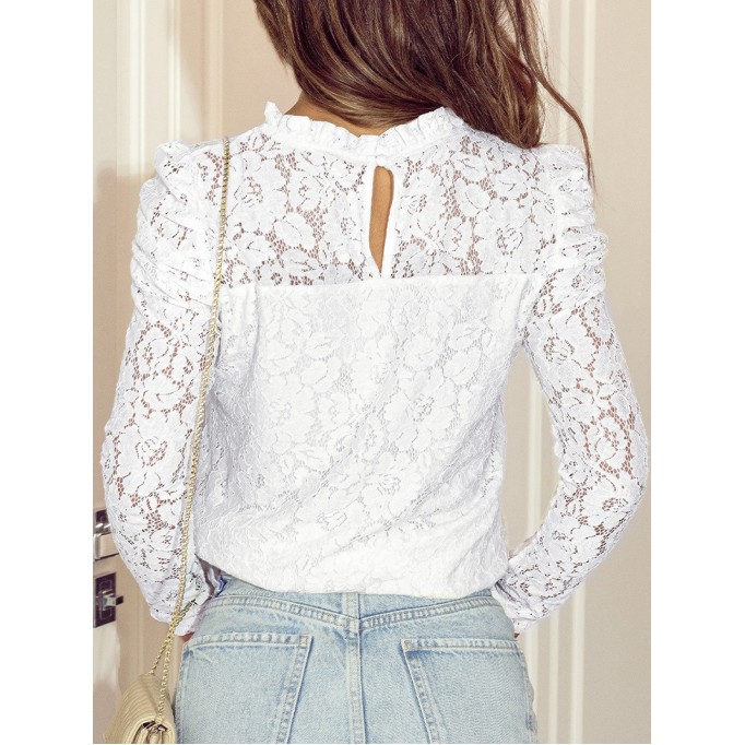 LACE RUFFLE DECORATION STAND NECK SHEATH ELEGANT BLOUSE