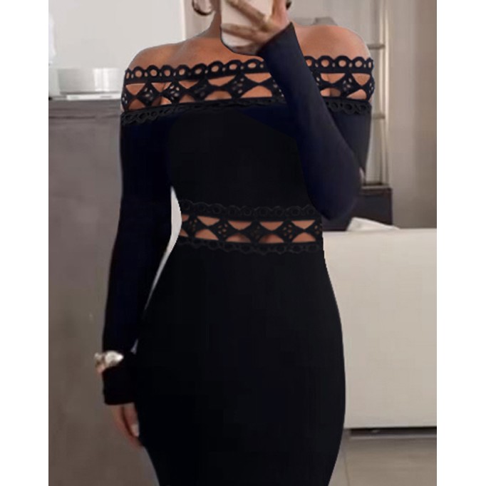 LACE SPLICE OFF SHOULDER DRESS