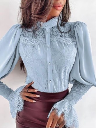 Lace standing neck flared sleeve shirt