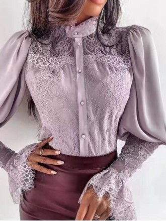 Lace standing neck flared sleeve shirt