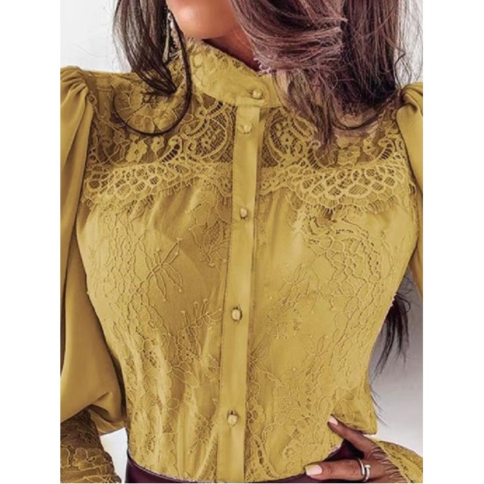 Lace standing neck flared sleeve shirt