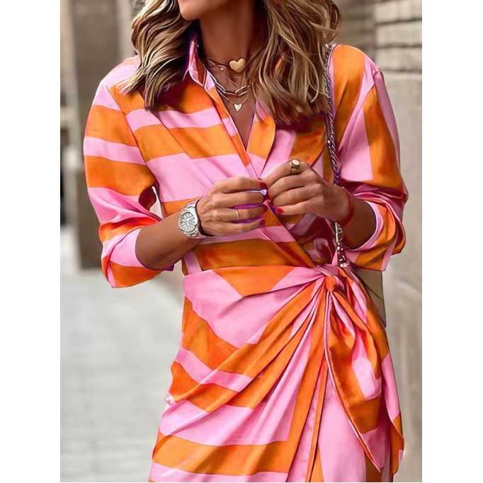 Lapel Striped Print Belted Long Sleeve Dress