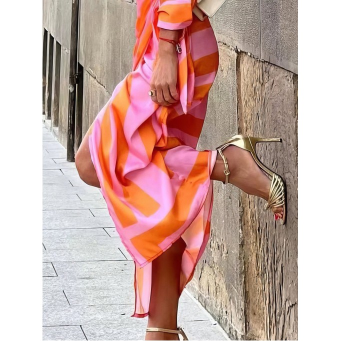 Lapel Striped Print Belted Long Sleeve Dress