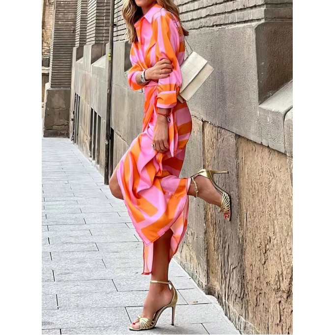 Lapel Striped Print Belted Long Sleeve Dress