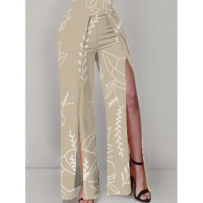 Leaf print high-waisted split trousers and dress pants