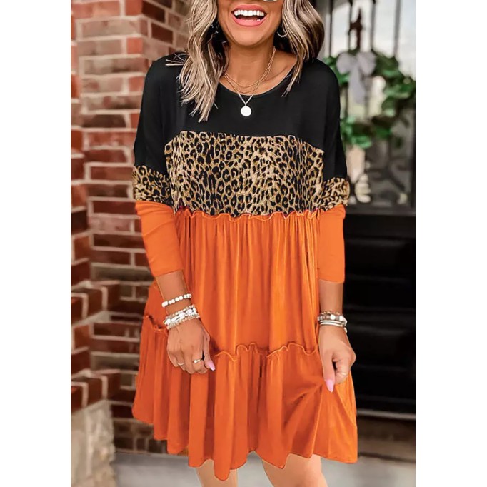 Leopard Color-Blocked Ruffled Splicing Mini Dress