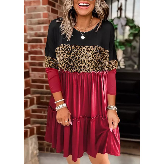 Leopard Color-Blocked Ruffled Splicing Mini Dress