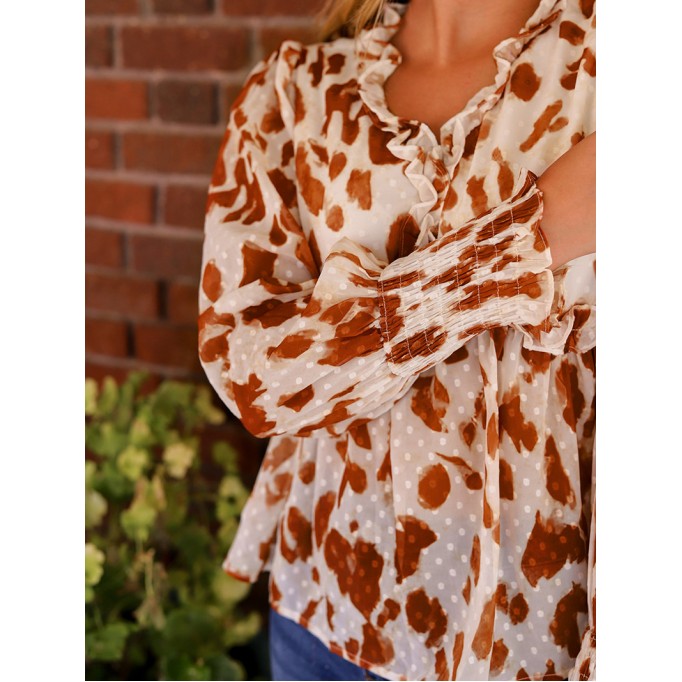 Leopard embellished V-neck ruffled casual shirt