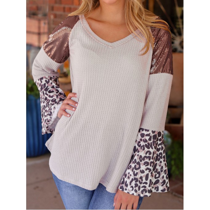 Leopard pattern sequin patchwork flared sleeve V-neck top