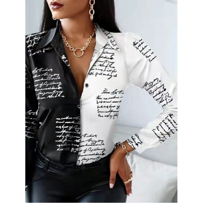 Letter printed patchwork color contrast long sleeved shirt