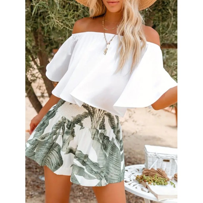 Line shoulder ruffled top + printed shorts set 2 pieces