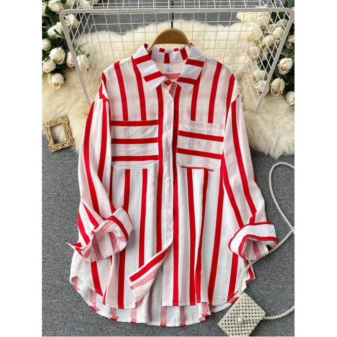 Long loose vertical striped  shirt jacket