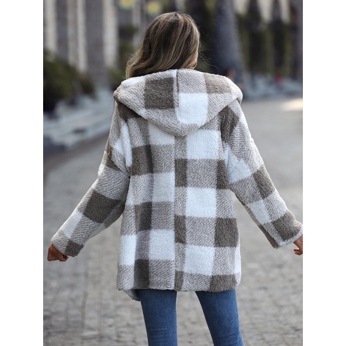 Long Sleeve Plaid Hooded Zipper Loose Jacket