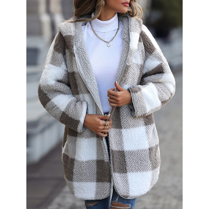 Long Sleeve Plaid Hooded Zipper Loose Jacket