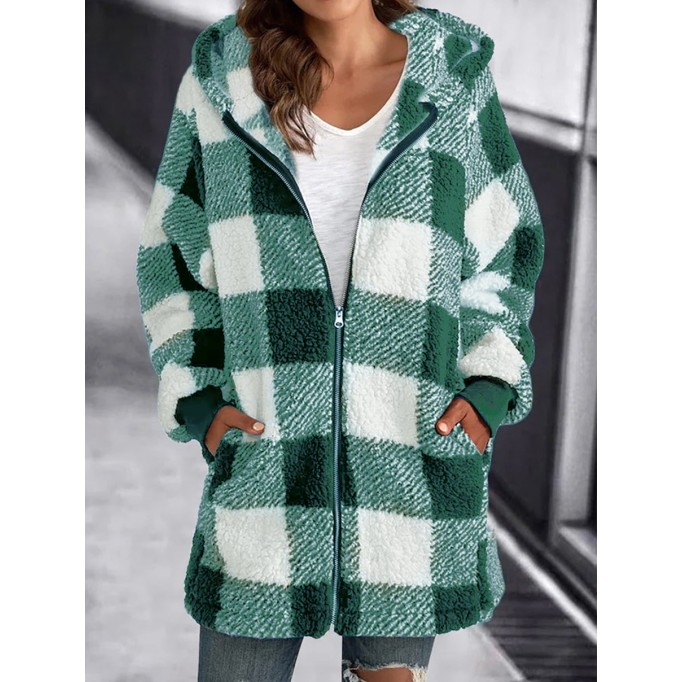 Long Sleeve Plaid Hooded Zipper with Pockets Loose Jacket