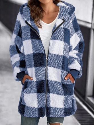 Long Sleeve Plaid Hooded Zipper with Pockets Loose Jacket