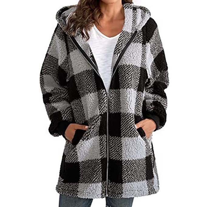 Long Sleeve Plaid Hooded Zipper with Pockets Loose Jacket