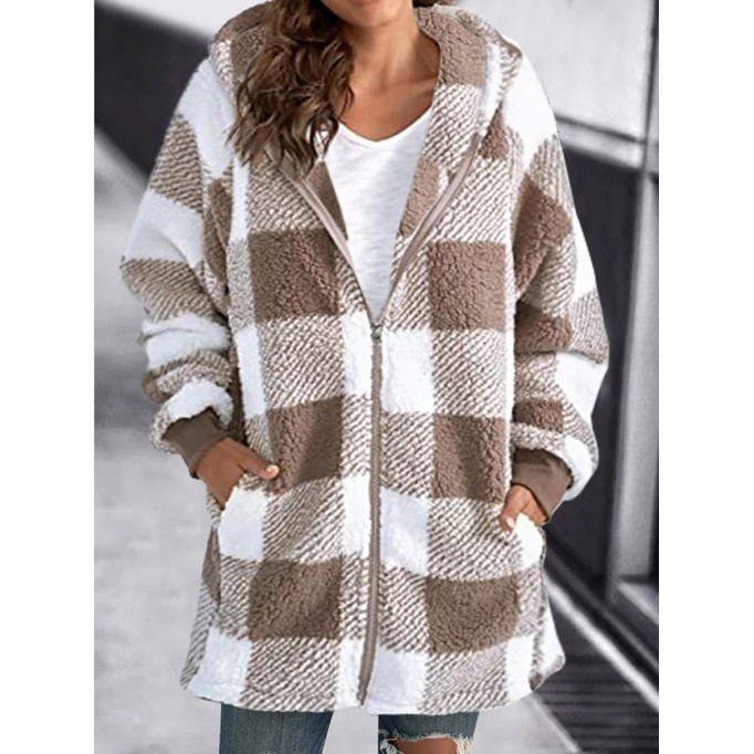 Long Sleeve Plaid Hooded Zipper with Pockets Loose Jacket